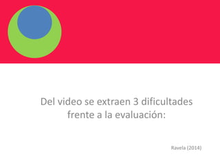 Del video se extraen 3 dificultades
frente a la evaluación:
Ravela (2014)
 