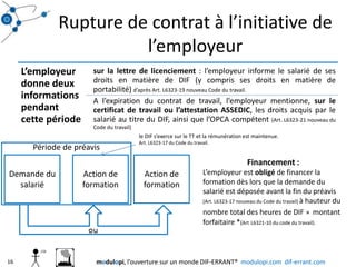 Rupture de contrat à l’initiative de l’employeurle DIF s’exerce sur le TT et la rémunération est maintenue. Art. L6323-17 du Code du travail.Période de préavisDemande du salariéAction de formationAction de formationFinancement : L’employeur est obligé de financer la formation dès lors que la demande du salarié est déposée avant la fin du préavis (Art. L6323-17 nouveau du Code du travail) à hauteur du nombre total des heures de DIF×  montant forfaitaire *(ArtL6321-10 du code du travail).16modulopi, l’ouverture sur un monde DIF-ERRANT®  modulopi.com  dif-errant.com