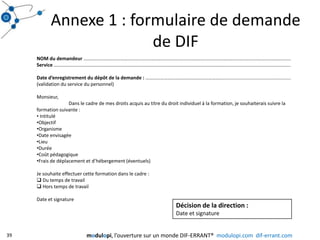Annexe 1 : formulaire de demande de DIF39NOM du demandeur ………………………………………………………………………………………………………………………………..…………………..Service …………………………………………………………………………………………………………………………...................................................Date d’enregistrement du dépôt de la demande : ………………………………………………………...................................................(validation du service du personnel)Monsieur,	Dans le cadre de mes droits acquis au titre du droit individuel à la formation, je souhaiterais suivre la formation suivante : Intitulé