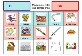 Marca en el color
que corresponda
BRUJA BLUSA PUEBLO CABLE CEREBRO
FIEBRE PÚBLICO BROCHA
BL BR
 