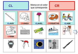 Marca en el color
que corresponda
CLAVO CRÁNEO CLAVEL CLASE
CL CR
CROQUETAS
CREMA
 
