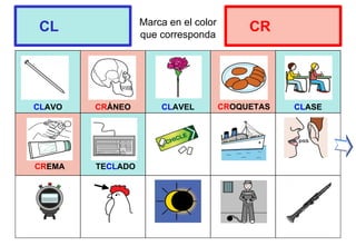 Marca en el color
que corresponda
CLAVO CRÁNEO CLAVEL CLASE
CL CR
CROQUETAS
CREMA TECLADO
 