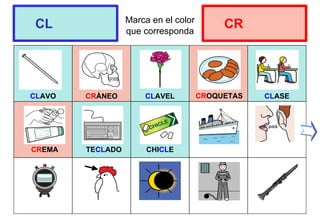 Marca en el color
que corresponda
CLAVO CRÁNEO CLAVEL CLASE
CL CR
CROQUETAS
CREMA TECLADO CHICLE
 