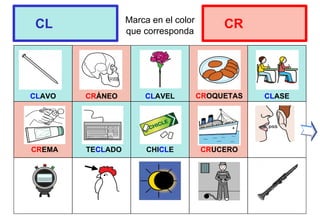Marca en el color
que corresponda
CLAVO CRÁNEO CLAVEL CLASE
CL CR
CROQUETAS
CREMA TECLADO CHICLE CRUCERO
 
