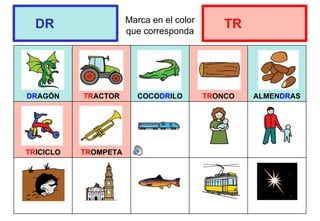 Marca en el color
que corresponda
DRAGÓN TRACTOR COCODRILO TRONCO ALMENDRAS
TRICICLO TROMPETA
DR TR
 