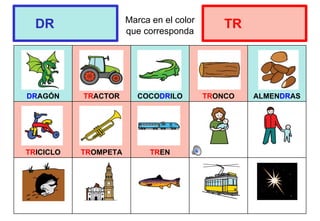 Marca en el color
que corresponda
DRAGÓN TRACTOR COCODRILO TRONCO ALMENDRAS
TRICICLO TROMPETA TREN
DR TR
 