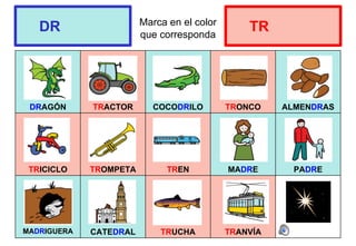 Marca en el color
que corresponda
DRAGÓN TRACTOR COCODRILO TRONCO ALMENDRAS
TRICICLO TROMPETA TREN MADRE PADRE
MADRIGUERA CATEDRAL TRUCHA TRANVÍA
DR TR
 