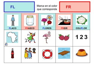 Marca en el color
que corresponda
FLACO FRASCO FLORES FREIR COLIFLOR
FL FR
 