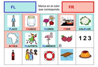 Marca en el color
que corresponda
FLACO FRASCO FLORES FREIR COLIFLOR
ÁFRICA FLAUTISTA FLAMENCO
FL FR
 