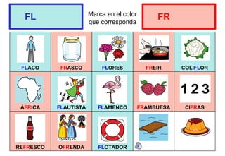 Marca en el color
que corresponda
FLACO FRASCO FLORES FREIR COLIFLOR
ÁFRICA FLAUTISTA FLAMENCO FRAMBUESA CIFRAS
REFRESCO OFRENDA FLOTADOR
FL FR
 