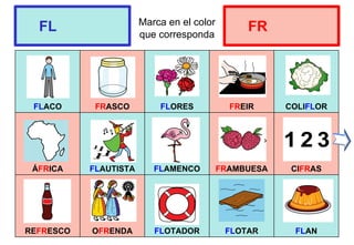Marca en el color
que corresponda
FLACO FRASCO FLORES FREIR COLIFLOR
ÁFRICA FLAUTISTA FLAMENCO FRAMBUESA CIFRAS
REFRESCO OFRENDA FLOTADOR FLOTAR FLAN
FL FR
 