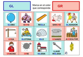Marca en el color
que corresponda
GLOBO OGRO REGLA SANGRE GLADIADOR
GRÚA GLOTONA IGLÚ GRANIZO AGRICULTOR
GRACIAS GRIS IGLESIA
LLAVE
INGLESA
GL GR
 