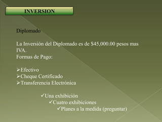 INVERSION


Diplomado

La Inversión del Diplomado es de $45,000.00 pesos mas
IVA.
Formas de Pago:

Efectivo
Cheque Certificado
Transferencia Electrónica

            Una exhibición
              Cuatro exhibiciones
                  Planes a la medida (preguntar)
 