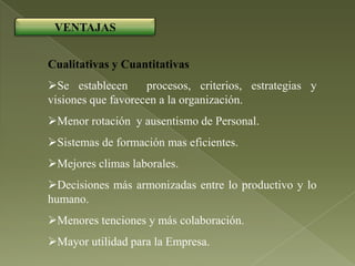 VENTAJAS


Cualitativas y Cuantitativas
Se establecen      procesos, criterios, estrategias y
visiones que favorecen a la organización.
Menor rotación y ausentismo de Personal.
Sistemas de formación mas eficientes.
Mejores climas laborales.
Decisiones más armonizadas entre lo productivo y lo
humano.
Menores tenciones y más colaboración.
Mayor utilidad para la Empresa.
 