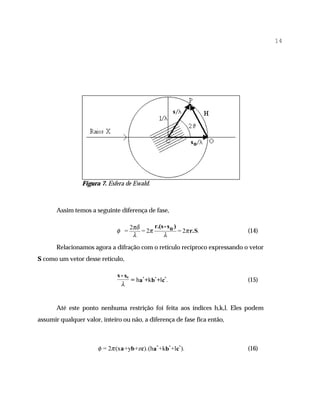 14




                Figura 7. Esfera de Ewald.



       Assim temos a seguinte diferença de fase,

                                    2πδ      r.(s - s o )
                              φ =       = 2π              = 2π r.S.        (14)
                                     λ           λ
       Relacionamos agora a difração com o retículo recíproco expressando o vetor
S como um vetor desse retículo,

                              s - so
                                     = ha* +kb* +lc*.                      (15)
                                λ


       Até este ponto nenhuma restrição foi feita aos índices h,k,l. Eles podem
assumir qualquer valor, inteiro ou não, a diferença de fase fica então,



                      φ = 2π (xa +yb +zc).(ha* +kb* +lc*).                 (16)
 