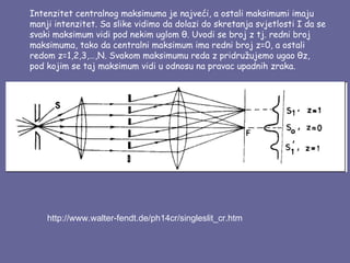 Intenzitet centralnog maksimuma je najveći, a ostali maksimumi imaju
manji intenzitet. Sa slike vidimo da dolazi do skretanja svjetlosti I da se
svaki maksimum vidi pod nekim uglom θ. Uvodi se broj z tj. redni broj
maksimuma, tako da centralni maksimum ima redni broj z=0, a ostali
redom z=1,2,3,…,N. Svakom maksimumu reda z pridružujemo ugao θz,
pod kojim se taj maksimum vidi u odnosu na pravac upadnih zraka.




    http://www.walter-fendt.de/ph14cr/singleslit_cr.htm
 