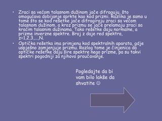 • Zraci sa većom talasnom dužinom jače difraguju, što
  omogućava dobijanje sprkte kao kod prizmi. Razlika je samo u
  tome što se kod rešetke jače difragiraju zraci sa većom
  talasnom dužinom, a kroz prizmu se jače prelamaju zraci sa
  kraćim talasnim dužinama. Tako rešetke daju normalne, a
  prizme inverzne spektre. Broj z daje red spektra,
  z=1,2,3,...,N.
• Optička rešetka ima primjenu kod spektralnih aparata, gdje
  uspješno zamjenjuje prizmu. Razlog tome je činjenica da
  optičke rešetke daju šire spektre nego prizme, pa su takvi
  spektri pogodniji za njihovo proučavanje.


                             Pogledajte da bi
                             vam bilo lakše da
                             shvatite 
 