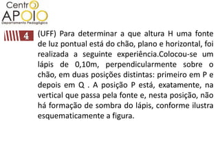 (UFF) Para determinar a que altura H uma fonte
de luz pontual está do chão, plano e horizontal, foi
realizada a seguinte experiência.Colocou-se um
lápis de 0,10m, perpendicularmente sobre o
chão, em duas posições distintas: primeiro em P e
depois em Q . A posição P está, exatamente, na
vertical que passa pela fonte e, nesta posição, não
há formação de sombra do lápis, conforme ilustra
esquematicamente a figura.
 