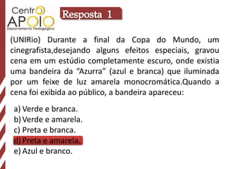 (UNIRio) Durante a final da Copa do Mundo, um
cinegrafista,desejando alguns efeitos especiais, gravou
cena em um estúdio completamente escuro, onde existia
uma bandeira da “Azurra” (azul e branca) que iluminada
por um feixe de luz amarela monocromática.Quando a
cena foi exibida ao público, a bandeira apareceu:
a) Verde e branca.
b) Verde e amarela.
c) Preta e branca.
d) Preta e amarela.
e) Azul e branco.
 