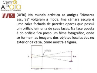 (UFRJ) No mundo artístico as antigas “câmaras
escuras” voltaram à moda. Ima câmara escura é
uma caixa fechada de paredes opacas que possui
um orifício em uma de suas faces. Na face oposta
à do orifício fica preso um filme fotográfico, onde
se formam as imagens dos objetos localizados no
exterior da caixa, como mostra a figura.
 