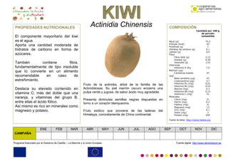 KKKIIIWWWIII
0000
Programa financiado por el Gobierno de Castilla – La Mancha y la Unión Europea Fuente digital: http://www.alimentacion.es
Actinidia Chinensis
Fruto de la actinidia, árbol de la familia de las
Actinidiáceas. Su piel marrón oscuro encierra una
pulpa verde y jugosa, de sabor ácido muy agradable.
Presenta diminutas semillas negras dispuestas en
torno a un corazón blanquecino.
Fruto exótico que proviene de las laderas del
Himalaya, concretamente de China continental.
PROPIEDADES NUTRICIONALES
El componente mayoritario del kiwi
es el agua.
Aporta una cantidad moderada de
hidratos de carbono en forma de
azúcares.
También contiene fibra,
fundamentalmente de tipo insoluble
que lo convierte en un alimento
recomendable en caso de
estreñimiento.
Destaca su elevado contenido en
vitamina C; más del doble que una
naranja, y vitaminas del grupo B,
entre ellas el ácido fólico.
Así mismo es rico en minerales como
magnesio y potasio.
COMPOSICIÓN
Cantidad por 100 g
de porción
comestible
Agua (g) 72,2
Energía (kcal) 42
Proteínas (g) 1
Hidratos de carbono (g) 9,1
Lípidos (g) 0,4
Fibra
Fibra total (g) 2,12
Soluble (g) 0,59
Insoluble (g) 1,53
Vitaminas
Vitamina A (Eq.
Retinol) (µg)
7,5
Carotenos totales
(µg)
47
Beta-caroteno (µg) 43
Criptoxantina (µg) 3,7
Vitamina B1 (mg) 0,01
Vitamina B2 (mg) 0.03
Niacina (mg) 0,3
Vitamina B6 (mg) 0,13
Vitamina C (mg) 51
Minerales
Calcio (mg) 21
Hierro (mg) 0.3
Fósforo (mg) 31
Magnesio (mg) 13
Zinc (mg) 0.1
Sodio (mg) 3
Potasio (mg) 250
Fuente de datos: http://www.5aldia.org
CAMPAÑA
ENE FEB MAR ABR MAY JUN JUL AGO SEP OCT NOV DIC
 