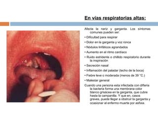 En vías respiratorias altas:

Afecta la nariz y garganta. Los síntomas
    comunes pueden ser:
• Dificultad para respirar
• Dolor en la garganta y voz ronca
• Nódulos linfáticos agrandados
• Aumento en el ritmo cardíaco
• Ruido estridente o chillido respiratorio durante
    la inspiración
• Secreción nasal
• Inflamación del paladar (techo de la boca)
• Fiebre leve o moderada (menos de 39 °C.)
• Malestar general
Cuando una persona esta infectada con difteria
   la bacteria forma una membrana color
   blanco grisácea en la garganta, que cubre
   hasta la campanilla. Y que en, casos
   graves, puede llegar a obstruir la garganta y
   ocasionar al enfermo muerte por asfixia.
 