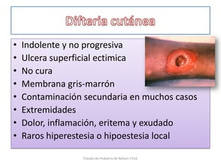 • Indolente y no progresiva
• Ulcera superficial ectimica
• No cura
• Membrana gris-marrón
• Contaminación secundaria en muchos casos
• Extremidades
• Dolor, inflamación, eritema y exudado
• Raros hiperestesia o hipoestesia local
Tratado de Pediatria de Nelson 17ed.
 