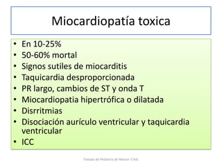 Miocardiopatía toxica
• En 10-25%
• 50-60% mortal
• Signos sutiles de miocarditis
• Taquicardia desproporcionada
• PR largo, cambios de ST y onda T
• Miocardiopatia hipertrófica o dilatada
• Disrritmias
• Disociación aurículo ventricular y taquicardia
ventricular
• ICC
Tratado de Pediatria de Nelson 17ed.
 