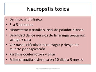 Neuropatía toxica
• De inicio multifásico
• 2 a 3 semanas
• Hipoestesia y parálisis local de paladar blando
• Debilidad de los nervios de la faringe posterior,
laringe y cara
• Voz nasal, dificultad para tragar y riesgo de
muerte por aspiración
• Parálisis oculomotora y ciliar
• Polineuropatia sistémica en 10 días a 3 meses
Tratado de Pediatria de Nelson 17ed.
 