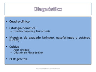 • Cuadro clínico
• Citología hemática:
– trombocitopenia y leucocitosis
• Muestras de exudado faríngeo, nasofaríngeo o cutáneo
(Gram).
• Cultivo
– Agar Tinsdale
– Difusión en Placa de Elek
• PCR: gen tox.
Tratado de Pediatria de Nelson 17ed.
 