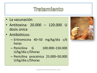 • La vacunación
• Antitoxina: 20.000 – 120.000 U
dosis única
• Antibióticos:
– Eritromicina 40–50 mg/kg/día c/6
horas
– Penicilina G 100.000–150.000
U/kg/día c/5horas
– Penicilina procaínica 25.000–50.000
U/kg/día c/5horas
Tratado de Pediatria de Nelson 17ed.
 