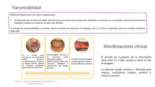 Transmisibilidad
Carvajal, A. Difteria. ENFERMEDADES EMERGENTES Y
REEMERGENTES, 88.
Afecta principalmente a los niños y adolescentes.
• Se transmite por vía aérea al hablar, durante la tos y el estornudo de pacientes infectados o contacto con un portador, menos frecuentemente
mediante contacto con lesiones de piel o por fómites.
El periodo de transmisibilidad es variable, hasta 4 semanas en pacientes no tratados y de 1 a 2 días en pacientes que han recibido antibiótico
adecuado.
Manifestaciones clínicas
En la faringe suele
observarse una membrana
blanco –grisácea,
comprometiendo la úvula y
el paladar blando, además
de faringitis, amigdalitis
(generalmente asimétrica).
Adenomegalia cervical y
/o secreción nasal
serosanguinolenta
(difteria nasal), fiebre, tos
“perruna”, debilidad y
compromiso del estado
general.
La difteria extra faríngea
puede afectar el oído, y
la piel (difteria cutánea)
El período de incubación de la enfermedad
varía entre 2 y 5 días, aunque a veces es más
prolongado.
La infección puede conducir a dificultad para
respirar, insuficiencia cardíaca, parálisis e
incluso la muerte
 