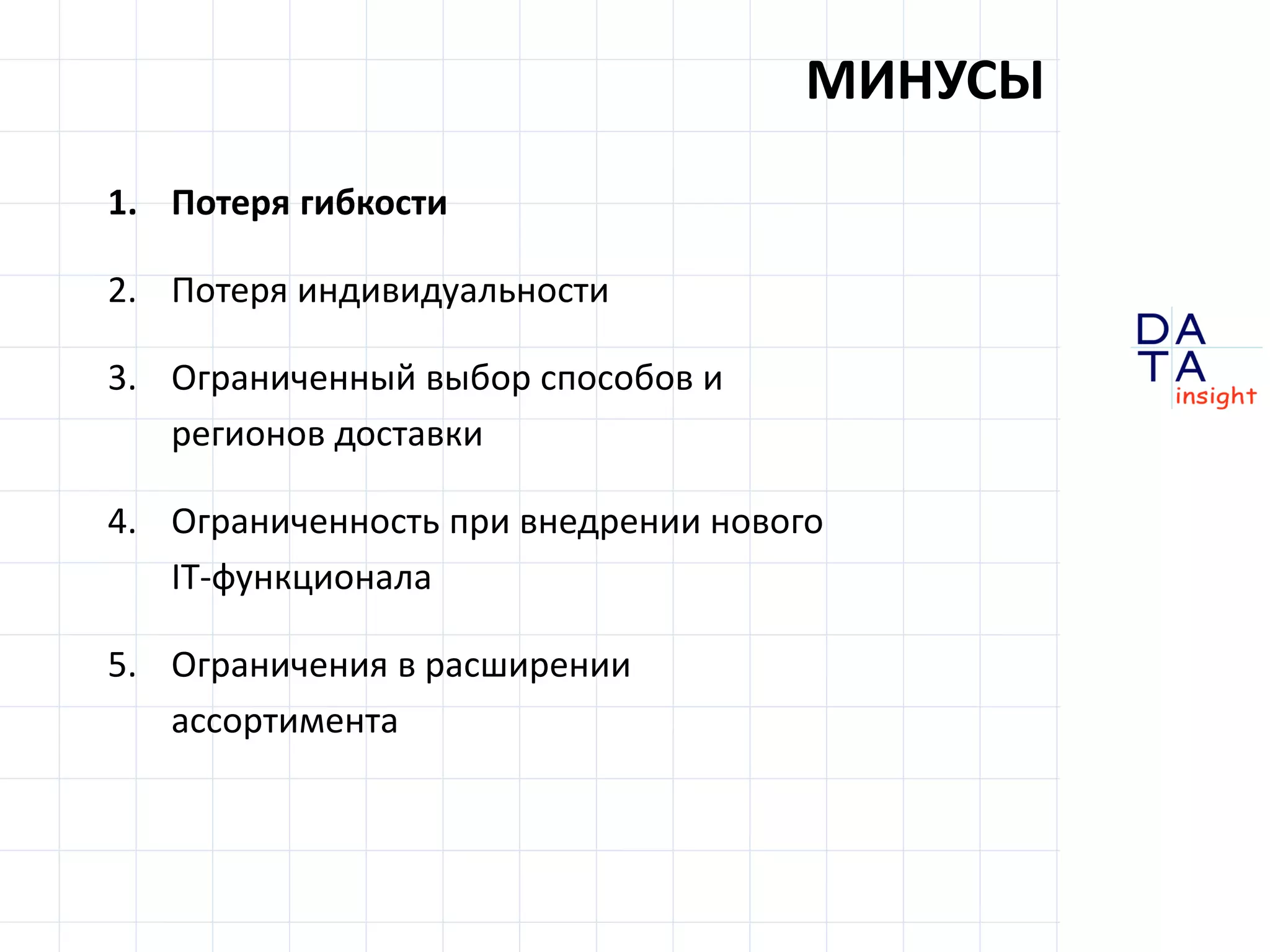 D
insight
AT
A
1. Потеря гибкости
2. Потеря индивидуальности
3. Ограниченный выбор способов и
регионов доставки
4. Ограниченность при внедрении нового
IT-функционала
5. Ограничения в расширении
ассортимента
МИНУСЫ
 