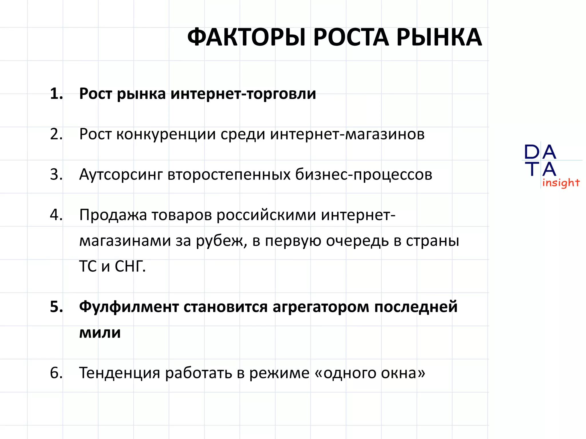 D
insight
AT
A
1. Рост рынка интернет-торговли
2. Рост конкуренции среди интернет-магазинов
3. Аутсорсинг второстепенных бизнес-процессов
4. Продажа товаров российскими интернет-
магазинами за рубеж, в первую очередь в страны
ТС и СНГ.
5. Фулфилмент становится агрегатором последней
мили
6. Тенденция работать в режиме «одного окна»
ФАКТОРЫ РОСТА РЫНКА
 