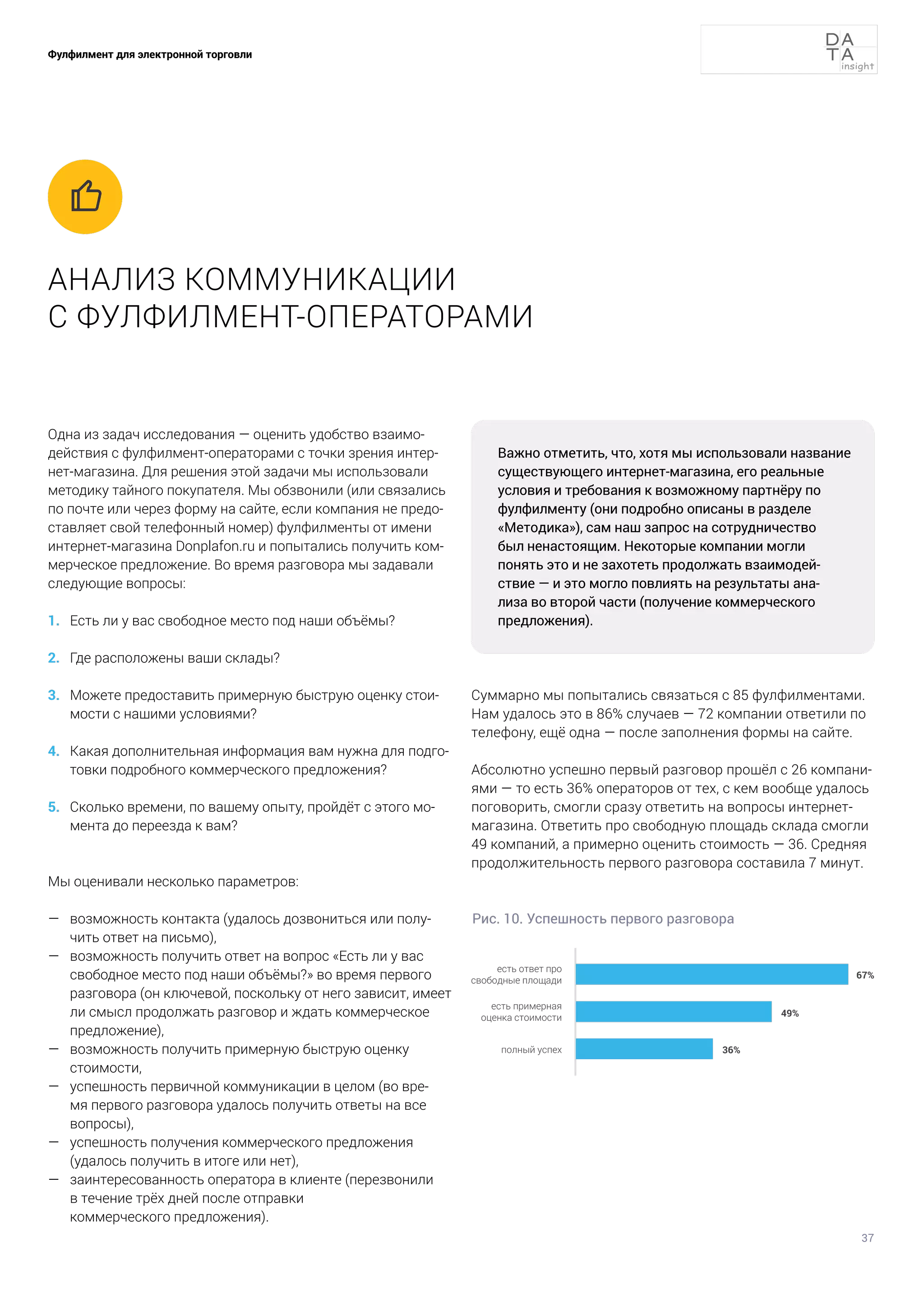 37
Фулфилмент для электронной торговли
АНАЛИЗ КОММУНИКАЦИИ
С ФУЛФИЛМЕНТ-ОПЕРАТОРАМИ

Одна из задач исследования — оценить удобство взаимо-
действия с фулфилмент-операторами с точки зрения интер-
нет-магазина. Для решения этой задачи мы использовали
методику тайного покупателя. Мы обзвонили (или связались
по почте или через форму на сайте, если компания не предо-
ставляет свой телефонный номер) фулфилменты от имени
интернет-магазина Donplafon.ru и попытались получить ком-
мерческое предложение. Во время разговора мы задавали
следующие вопросы:
1.	 Есть ли у вас свободное место под наши объёмы?
2.	 Где расположены ваши склады?
3.	 Можете предоставить примерную быструю оценку стои-
мости с нашими условиями?
4.	 Какая дополнительная информация вам нужна для подго-
товки подробного коммерческого предложения?
5.	 Сколько времени, по вашему опыту, пройдёт с этого мо-
мента до переезда к вам?
Мы оценивали несколько параметров:
— 	 возможность контакта (удалось дозвониться или полу-
чить ответ на письмо),
— 	 возможность получить ответ на вопрос «Есть ли у вас
свободное место под наши объёмы?» во время первого
разговора (он ключевой, поскольку от него зависит, имеет
ли смысл продолжать разговор и ждать коммерческое
предложение),
— 	 возможность получить примерную быструю оценку
стоимости,
— 	 успешность первичной коммуникации в целом (во вре-
мя первого разговора удалось получить ответы на все
вопросы),
— 	 успешность получения коммерческого предложения
(удалось получить в итоге или нет),
— 	 заинтересованность оператора в клиенте (перезвонили
в течение трёх дней после отправки
коммерческого предложения).
Важно отметить, что, хотя мы использовали название
существующего интернет-магазина, его реальные
условия и требования к возможному партнёру по
фулфилменту (они подробно описаны в разделе
«Методика»), сам наш запрос на сотрудничество
был ненастоящим. Некоторые компании могли
понять это и не захотеть продолжать взаимодей-
ствие — и это могло повлиять на результаты ана-
лиза во второй части (получение коммерческого
предложения).
Суммарно мы попытались связаться с 85 фулфилментами.
Нам удалось это в 86% случаев — 72 компании ответили по
телефону, ещё одна — после заполнения формы на сайте.
Абсолютно успешно первый разговор прошёл с 26 компани-
ями — то есть 36% операторов от тех, с кем вообще удалось
поговорить, смогли сразу ответить на вопросы интернет-
магазина. Ответить про свободную площадь склада смогли
49 компаний, а примерно оценить стоимость — 36. Средняя
продолжительность первого разговора составила 7 минут.
Рис. 10. Успешность первого разговора
 
