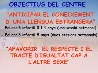 OBJECTIUS DEL CENTRE
“ANTICIPAR EL CONEIXEMENT
D’ UNA LLENGUA ESTRANGERA”
- Educació infantil 3 i 4 anys (una sessió setmanal)
- Educació infantil 5 anys (dues sessions setmanals)
“AFAVORIR EL RESPECTE I EL
TRACTE D’IGUALTAT CAP A
L’ALTRE SEXE”
 