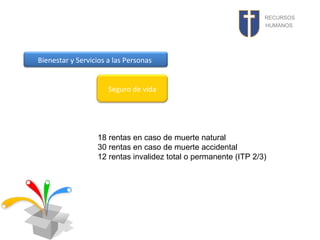 RECURSOS
HUMANOS

Bienestar y Servicios a las Personas
Seguro de vida

18 rentas en caso de muerte natural
30 rentas en caso de muerte accidental
12 rentas invalidez total o permanente (ITP 2/3)

 