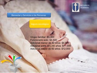 RECURSOS
HUMANOS

Bienestar y Servicios a las Personas
Seguro oncológico

Grupo familiar: $9.000
Funcionario solo: $4.500
Adicional menor de 40 años: $4.500
Adicional entre 40 y 60 años: $11.000
Adicional mayor de 60 años: $12.000

 