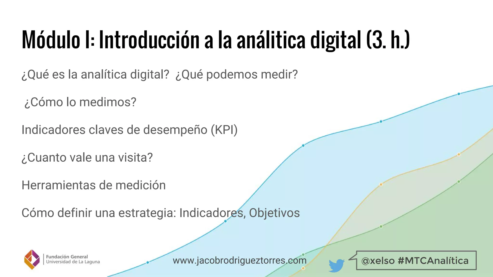 @xelso #MTCAnalíticawww.jacobrodrigueztorres.com
Módulo I: Introducción a la análitica digital (3. h.)
¿Qué es la analítica digital? ¿Qué podemos medir?
¿Cómo lo medimos?
Indicadores claves de desempeño (KPI)
¿Cuanto vale una visita?
Herramientas de medición
Cómo definir una estrategia: Indicadores, Objetivos