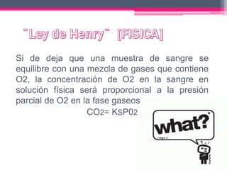 Si de deja que una muestra de sangre se
equilibre con una mezcla de gases que contiene
O2, la concentración de O2 en la sangre en
solución física será proporcional a la presión
parcial de O2 en la fase gaseosa.
CO2= KSP02
 