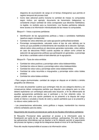 diagrama de acumulación de carga en el tiempo (histograma) que permita el
registro temporal del proceso total.
• Como dato adicional podría incluirse la cantidad de mesas no computadas
según motivo, por ejemplo, documento de transmisión (telegrama) no
consistente (mayor cantidad de votos consignados que electores habilitados);
no legible; no recibido para su transmisión. Los fiscales partidarios deberán
tener acceso a la información individualizada de las mesas no computadas.
Bloque II – Votos a opciones partidarias
• Identificación de las agrupaciones políticas y listas o candidatos habilitados
(apertura según corresponda)
• Cantidad de votos obtenidos por cada agrupación política/lista/candidato
• Porcentaje correspondiente, calculado sobre el tipo de voto definido por la
norma y/o que posibilite el entendimiento del resultado de la elección. Ejemplo,
cálculo sobre votos positivos en elecciones generales nacionales, votos válidos
en caso de elecciones PASO cuando aquellos se utilizan como umbral de
selección de agrupaciones políticas que participarán en generales, o porcentaje
de la lista o candidato sobre el total obtenido por la agrupación.
Bloque III – Tipos de votos emitidos
• Cantidad de votos positivos y porcentaje sobre votos totalesemitidos
• Cantidad de votos en blanco y porcentaje sobre votos totalesemitidos
• Cantidad de votos nulos y porcentaje sobre votos totalesemitidos
• Cantidad de votos recurridos e impugnados y porcentaje sobre votos totales
emitidos
• Cantidad de votos totales emitidos
- Para cargos plurinominales: cantidad de cargos en disputa en el distrito o ámbito
geográfico de referencia.
- En el caso de presentar cuadros que contengan más de una categoría electiva y en
consecuencia deban consignarse partidos que disputan una categoría pero no otra,
deberá explicitarse con simbología adecuada esta situación, a fin de diferenciarla de
aquellas agrupaciones partidarias que sí participan y no han obtenido votos. Un
ejemplo posible sería una opción partidaria no se presentó a la disputa del cargo
(celda en blanco o anulada a través de color) y opción partidaria que si se presentó y
no obtuvo votos (celda con 0).
- Las presentaciones adicionales, como gráficos o mapas, mantendrán los mismos
criterios señalados para los datos.
El Recuento Provisional debe garantizar el acceso a la información para la
fiscalización por parte de las agrupaciones políticas participantes. Por este motivo,
las aplicaciones informáticas que se diseñen a tal fin deberán permitir el seguimiento
del proceso de ingreso y carga de los telegramas desde el inicio al fin del Recuento.
Seguimiento del recuento provisional por parte de los fiscales informáticos partidarios
Para ello resulta imprescindible el acceso a la información sobre:
 