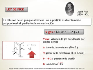 LEY DE FICK 
Adolf Fick 
(1829-1901) 
La difusión de un gas que atraviesa una superficie es directamente 
proporcional al gradiente de concentración. 
V gas : A D (P 1 -P 2 ) /T 
V gas : volumen de gas que difunde por 
unidad tiempo 
A: área de la membrana (70m 2 ) 
T: grosor de la membrana (0.15-0.3um) 
P 1 -P 2 : gradiente de presión 
D: solubilidad PM 
Levitzky Michael.“Funcióny estructura del sistemarespiratorio”Fisiología Pulmonar Serie Lange 7ªEdición. Mc Graw Hill. 2007:1-10 
 