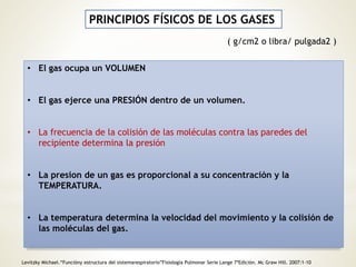 PRINCIPIOS FÍSICOS DE LOS GASES 
• El gas ocupa un VOLUMEN 
( g/cm2 o libra/ pulgada2 ) 
• El gas ejerce una PRESIÓN dentro de un volumen. 
• La frecuencia de la colisión de las moléculas contra las paredes del 
recipiente determina la presión 
• La presion de un gas es proporcional a su concentración y la 
TEMPERATURA. 
• La temperatura determina la velocidad del movimiento y la colisión de 
las moléculas del gas. 
Levitzky Michael.“Funcióny estructura del sistemarespiratorio”Fisiología Pulmonar Serie Lange 7ªEdición. Mc Graw Hill. 2007:1-10 
 