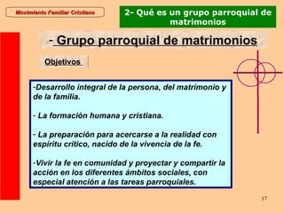 Movimiento Familiar Cristiano 2- Qué es un grupo parroquial de matrimonios <ul><li>Grupo parroquial de matrimonios </li></...