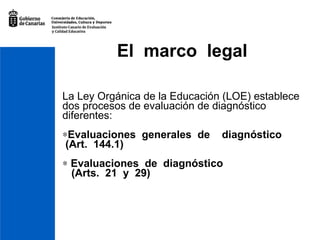 El  marco  legal    La Ley Orgánica de la Educación (LOE) establece dos procesos de evaluación de diagnóstico diferentes:   Evaluaciones  generales  de    diagnóstico    (Art.  144.1)     Evaluaciones  de  diagnóstico     (Arts.  21  y  29)  