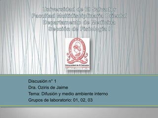 Discusión n° 1
Dra. Oziris de Jaime
Tema: Difusión y medio ambiente interno
Grupos de laboratorio: 01, 02, 03
 