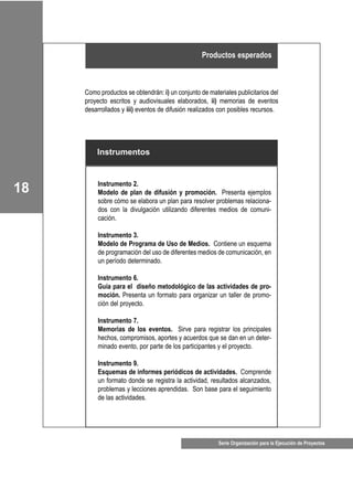 Serie Organización para la Ejecución de Proyectos
18
Como productos se obtendrán: i) un conjunto de materiales publicitarios del
proyecto escritos y audiovisuales elaborados, ii) memorias de eventos
desarrollados y iii) eventos de difusión realizados con posibles recursos.
Instrumento 2.
Modelo de plan de difusión y promoción. Presenta ejemplos
sobre cómo se elabora un plan para resolver problemas relaciona-
dos con la divulgación utilizando diferentes medios de comuni-
cación.
Instrumento 3.
Modelo de Programa de Uso de Medios. Contiene un esquema
de programación del uso de diferentes medios de comunicación, en
un período determinado.
Instrumento 6.
Guía para el diseño metodológico de las actividades de pro-
moción. Presenta un formato para organizar un taller de promo-
ción del proyecto.
Instrumento 7.
Memorias de los eventos. Sirve para registrar los principales
hechos, compromisos, aportes y acuerdos que se dan en un deter-
minado evento, por parte de los participantes y el proyecto.
Instrumento 9.
Esquemas de informes periódicos de actividades. Comprende
un formato donde se registra la actividad, resultados alcanzados,
problemas y lecciones aprendidas. Son base para el seguimiento
de las actividades.
Instrumentos
Productos esperados
 