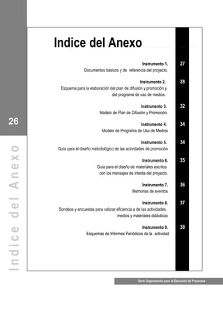 26
Serie Organización para la Ejecución de Proyectos
Indice del Anexo
IndicedelAnexo
Instrumento 1..... ....27
Documentos básicos y de referencia del proyecto..... ....25
Instrumento 2. .... ....28
Esquema para la elaboración del plan de difusión y promoción y .... ....25
del programa de uso de medios. .... ....25
Instrumento 3. .... ....32
Modelo de Plan de Difusión y Promoción..... ....25
Instrumento 4. .... ....34
Modelo de Programa de Uso de Medios.... ....25
Instrumento 5. .... ....34
Guía para el diseño metodológico de las actividades de promoción.... ....25
Instrumento 6..... ....35
Guía para el diseño de materiales escritos .... ....25
con los mensajes de interés del proyecto..... ....25
Instrumento 7..... ....36
Memorias de eventos.... ....25
Instrumento 8..... ....37
Sondeos y encuestas para valorar eficiencia a de las actividades, .... ....25
medios y materiales didácticos.... ....25
Instrumento 9..... ....38
Esquemas de Informes Periódicos de la actividad... ....25
 