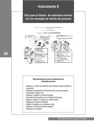 Serie Organización para la Ejecución de Proyectos
36
Instrumento 6
Guía para el diseño de materiales escritos
con los mensajes de interés del proyecto
Recomendaciones para la elaboración de
materiales escritos
- Realizar un índice de contenido que le apoye a guiar la difusión y
promoción
- Realizar la recolección de información de campo (encuentro,
entrevistas, charlas, etc.)
- Ordenar y preparar un primer borrador
- Consultar el documento con la Unidad de Proyecto
- Editar el material, a cargo de un comité editor
- Diagramar e ilustrar el material
- Validar el material con la población meta
- Realizar la corrección final del material
- Reproducir el material
 