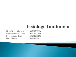 Firlita Nurul Kharisma
Ivonasari Kuntari Dewi
Dewi Dianing Tyas
Ida Nurjanah

(A420120008)
(A420120014)
(A420120024)
(A4201200)

 